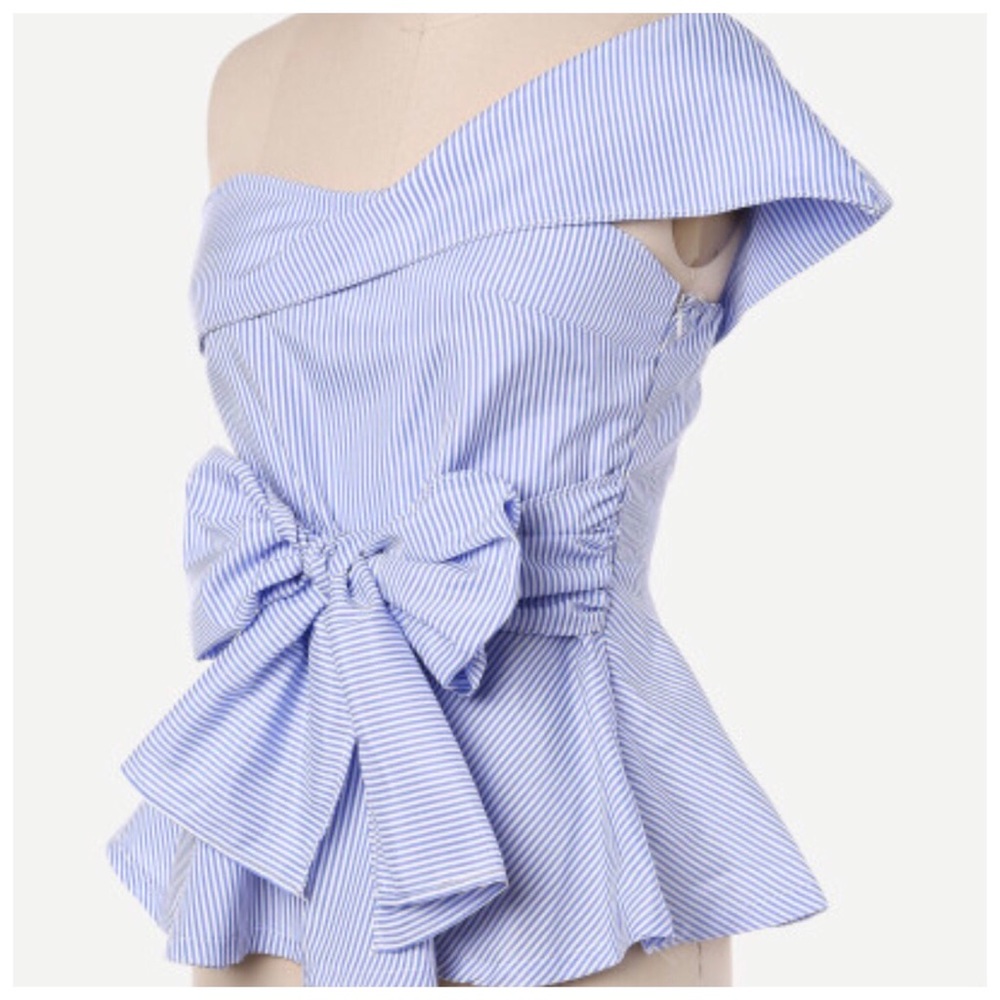 Blue & White Stripe Asymmetrical Collar Top - Picture 6 of 7